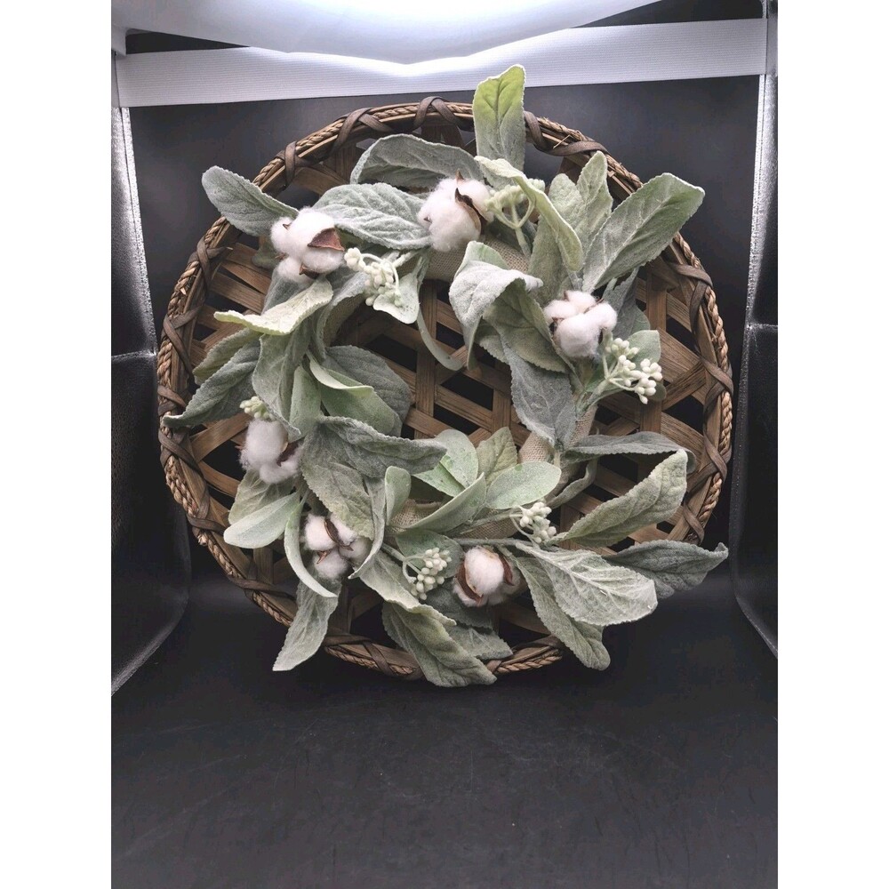 Lambs Ear Cotton Boll Front Door Wreath  18" Handmade Cottage Chic Farmhouse